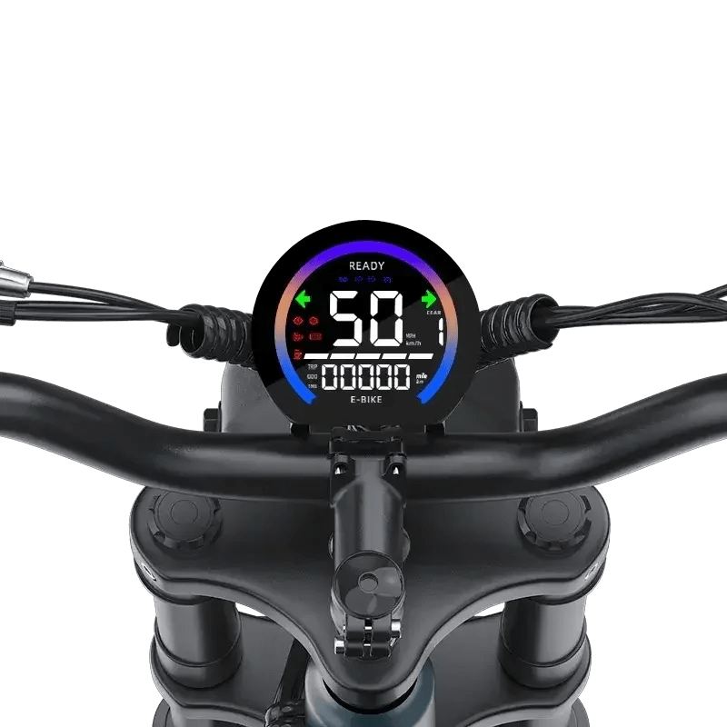 Close-up of e-bike handlebar with digital display showing speed 50, gear 1, and ready status