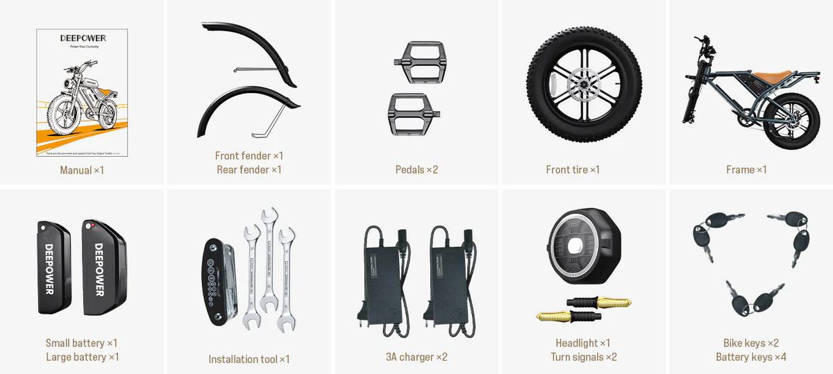 What's in the box: manual, mudguards, pedals, front wheel, frame, batteries, tools, charger, headlight, keys