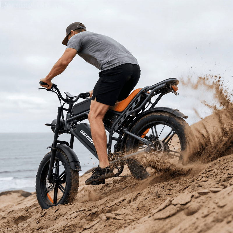 Rider on the QS7 riding through sand at the beach