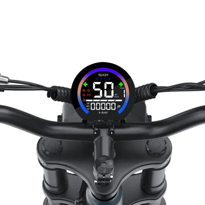 Close-up of e-bike handlebar with digital display showing speed 50, gear 1, and ready status