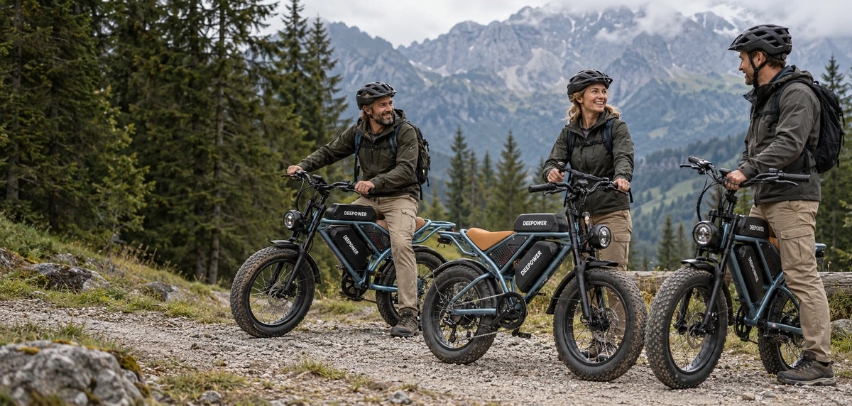 Three friends with DEEPOWER e-bikes in the mountains