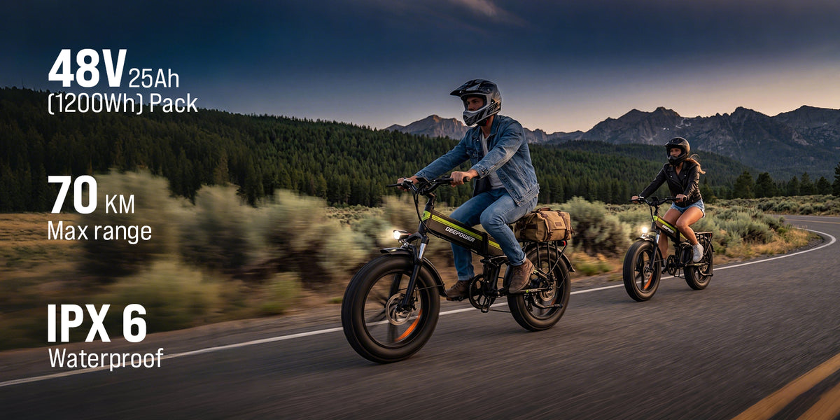 Man and woman riding Deepower H20Pro folding fat tire ebike with 48V25Ah battery, 70KM range and IPX6 waterproof